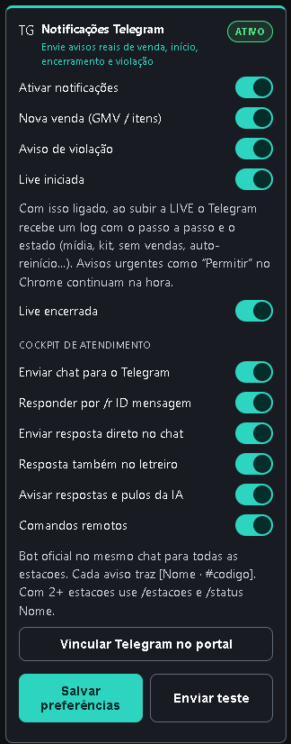 Notificações Telegram na aba Conta.