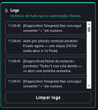 Logs da extensão na aba Conta, com o histórico das automações.