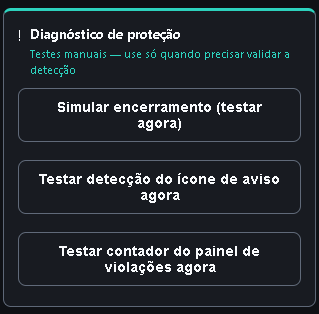 Diagnóstico de proteção: três testes manuais na aba Conta.