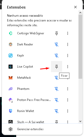 Menu Extensões: alfinete Fixar ao lado de Live Copilot.