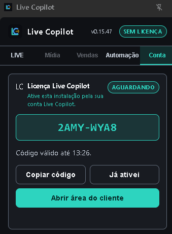 Aba Conta aguardando ativação, com o código e o botão Copiar código.