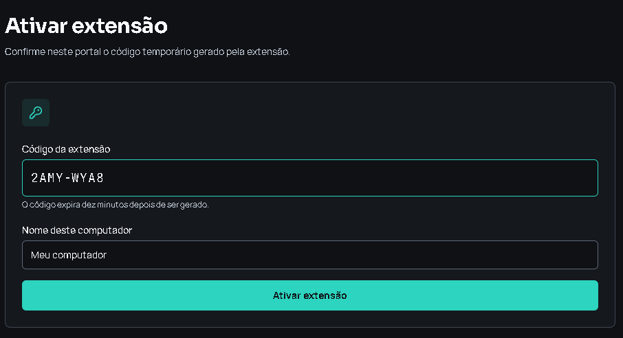 Portal Ativar extensão com o código preenchido.