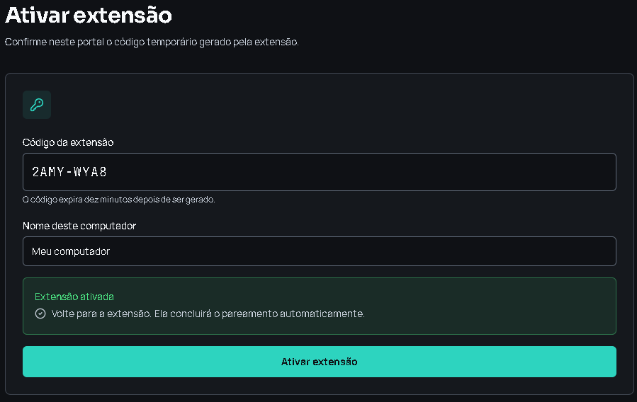 Portal com a confirmação Extensão ativada.