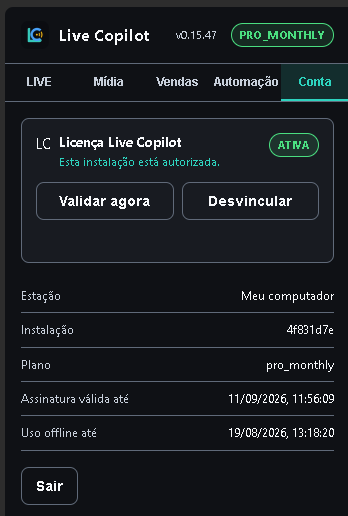 Aba Conta autorizada, com plano e validade da assinatura.