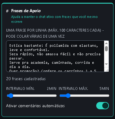 Frases de apoio: lista com uma frase por linha, 20 cadastradas, intervalo 2–5 min e comentários automáticos ligados.