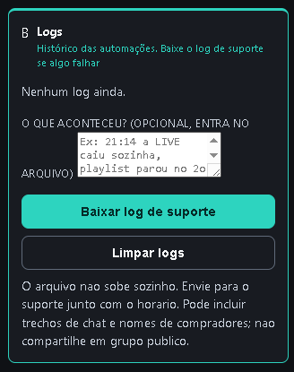 Aba Conta: campo O que aconteceu? e o botão Baixar log de suporte.