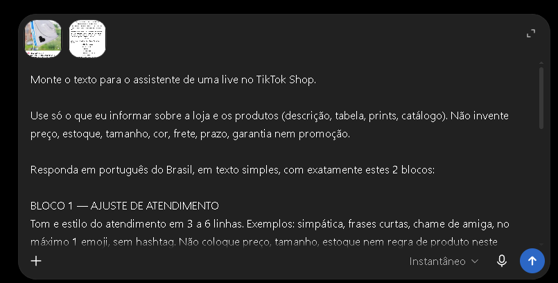 Texto-base colado na IA, com fotos do produto anexadas.