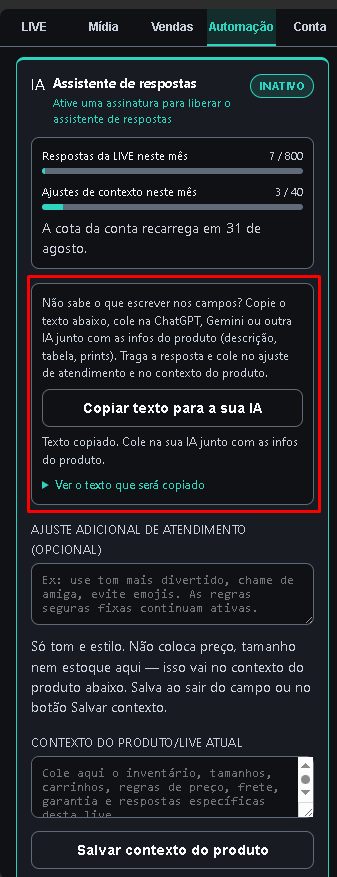 Aba Automação: cotas da IA, botão Copiar texto para a sua IA e o campo de contexto.