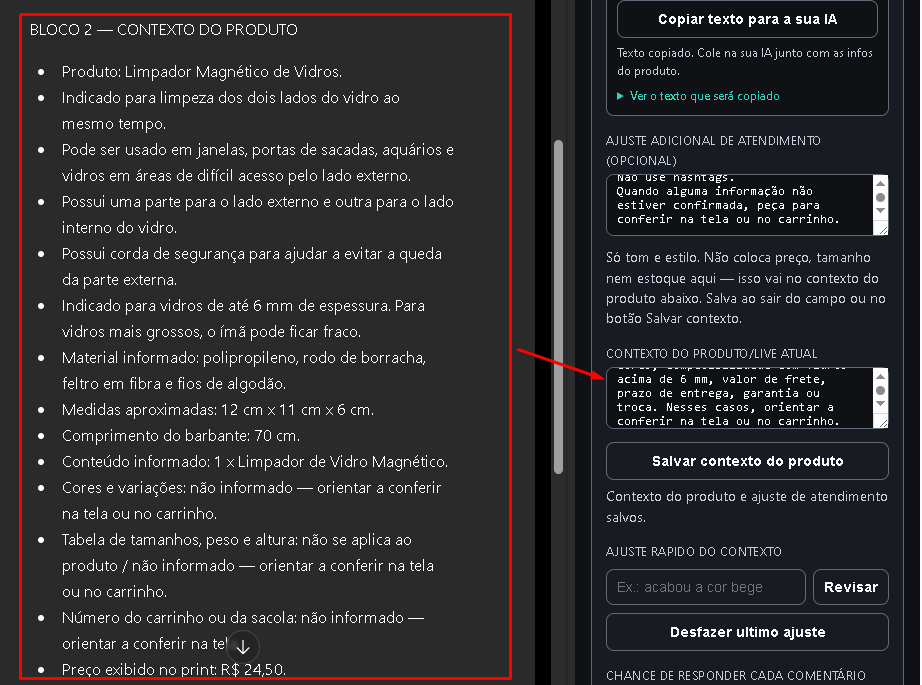 Texto colado em Contexto do produto, com o botão de salvar.