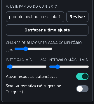 Ajuste rápido, chance de resposta e interruptores da IA.