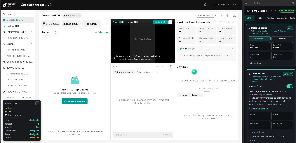 Console de LIVE com o painel Live Copilot à direita e o monitor flutuante no canto.