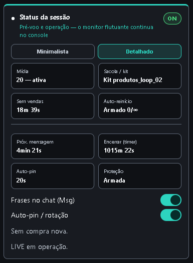 Status da sessão no modo Detalhado, com mídia ativa, kit, timers e proteção.