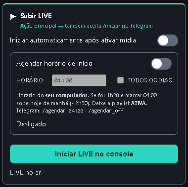 Bloco Subir LIVE: agendar horário e o botão Iniciar LIVE no console.