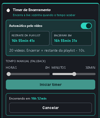 Timer de encerramento no modo automático pela playlist, com restante e Encerrar em.