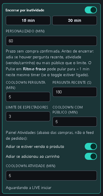 Encerrar por inatividade ligado, com prazo, adiamentos e vínculo ao Ritmo fraco do Pulse.
