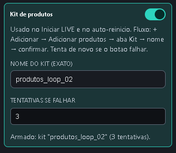 Kit de produtos ligado, com o nome exato e o número de tentativas.