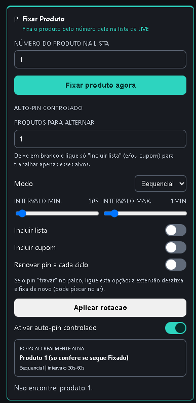 Auto-pin controlado: sequência, intervalo, Incluir lista/cupom, Renovar pin a cada ciclo e Aplicar rotacao.