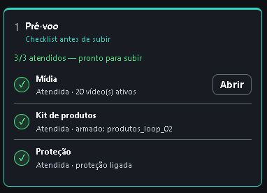Pré-voo 3/3: mídia com 20 vídeos, kit armado e proteção ligada.