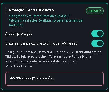Proteção contra violação ligada, com o guarda de palco preto e o aviso Live encerrada pela proteção.