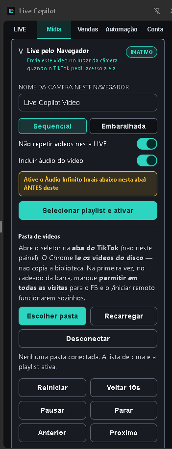 Live pelo navegador: nome da câmera, ordem, não repetir, áudio e o botão para ativar a playlist.