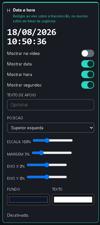 Overlay de data e hora, com preview 18/08/2026 e posição Superior esquerda.