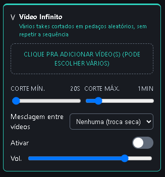 Vídeo Infinito: adicionar vários arquivos, corte mín/máx e mesclagem.