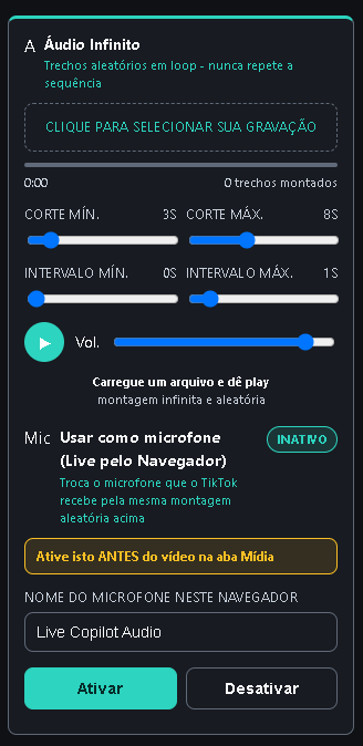 Áudio Infinito: upload, cortes, intervalos e microfone virtual Live Copilot Audio.