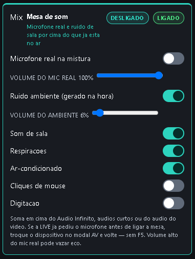 Mesa de som: microfone real, volume, ruído ambiente, sala, respirações e ar-condicionado.