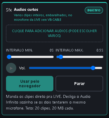 Áudios curtos: lista de clipes, intervalo mín./máx. e o botão Usar pelo navegador.