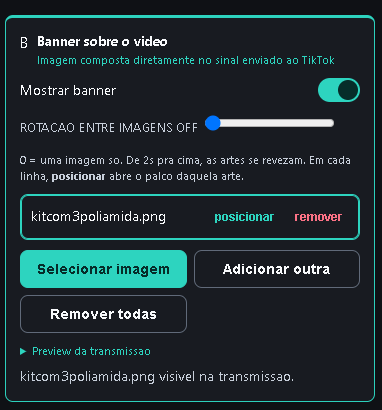 Banner sobre o vídeo: mostrar banner, rotação e a lista de artes com posicionar e remover.