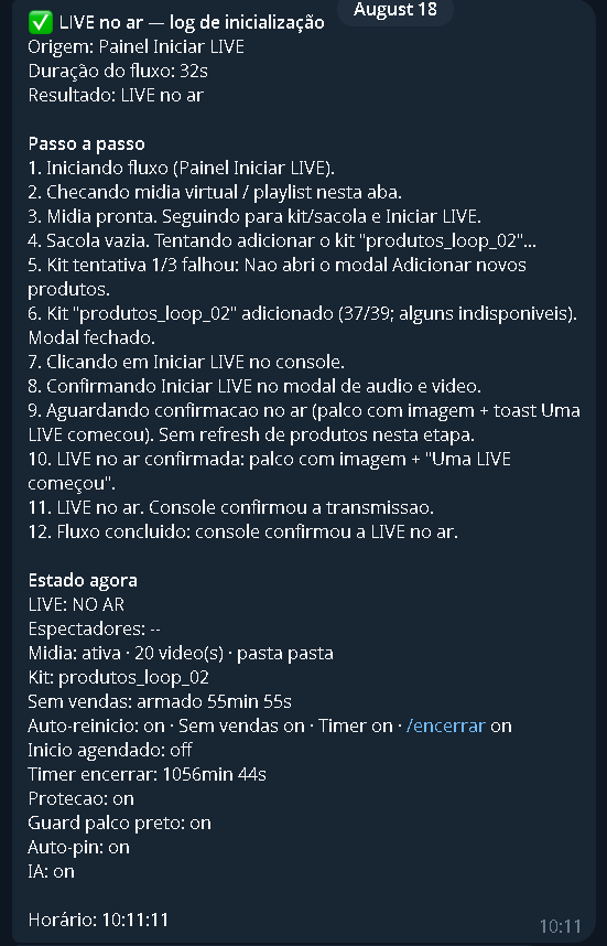 Telegram: resumo da LIVE que acabou de subir.