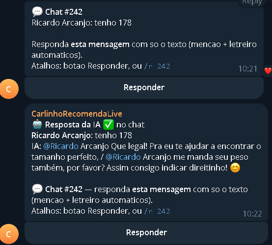 Telegram: comentário do espectador e resposta enviada na LIVE.