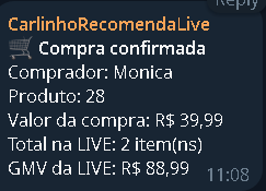 Telegram: alerta de compra confirmada com o total da LIVE.