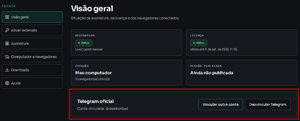 Portal: Telegram vinculado, com as opções de trocar de conta ou desvincular.