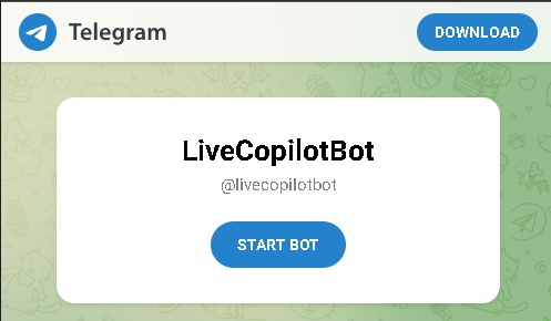 Tela do Telegram com o LiveCopilotBot e o botão START BOT.