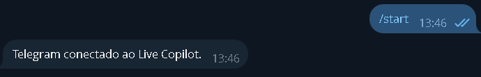 Chat do bot: Telegram conectado ao Live Copilot.