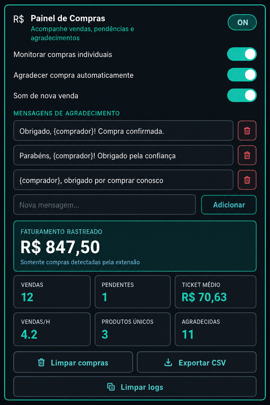 Painel de compras: interruptores, mensagens com {comprador} e indicadores da sessão.