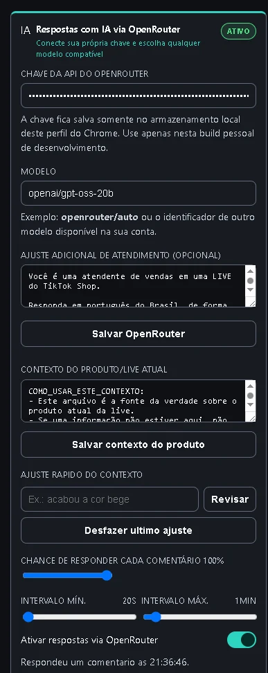 Configuração de respostas com IA e contexto de produto no Live Copilot