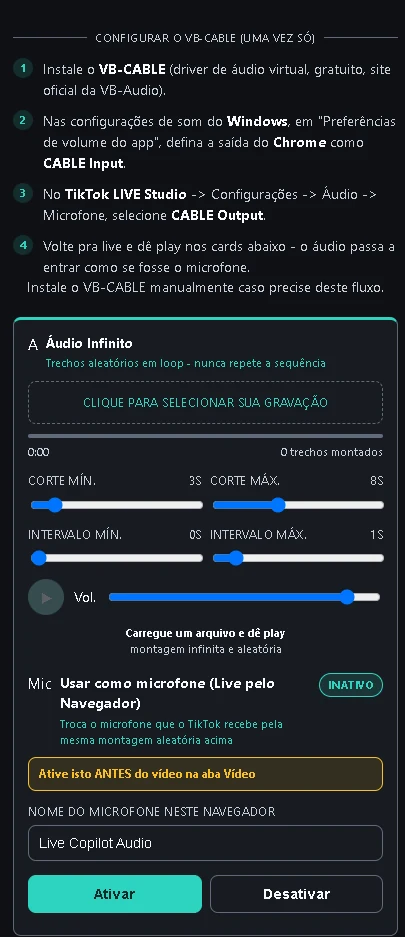 Configuração de áudio separado e microfone virtual no Live Copilot