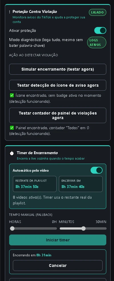 Proteção contra avisos e timer de encerramento do Live Copilot