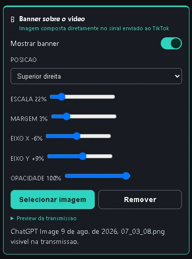 Controles de posição, escala e opacidade do banner sobre o vídeo