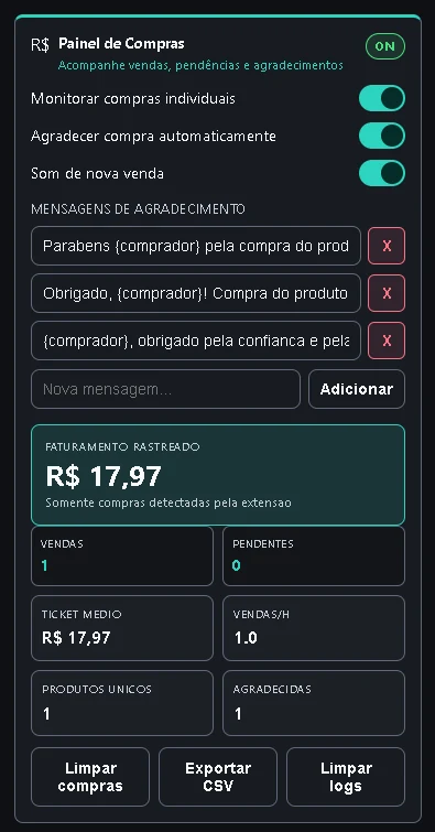 Painel de compras do Live Copilot com os indicadores de uma sessão de teste