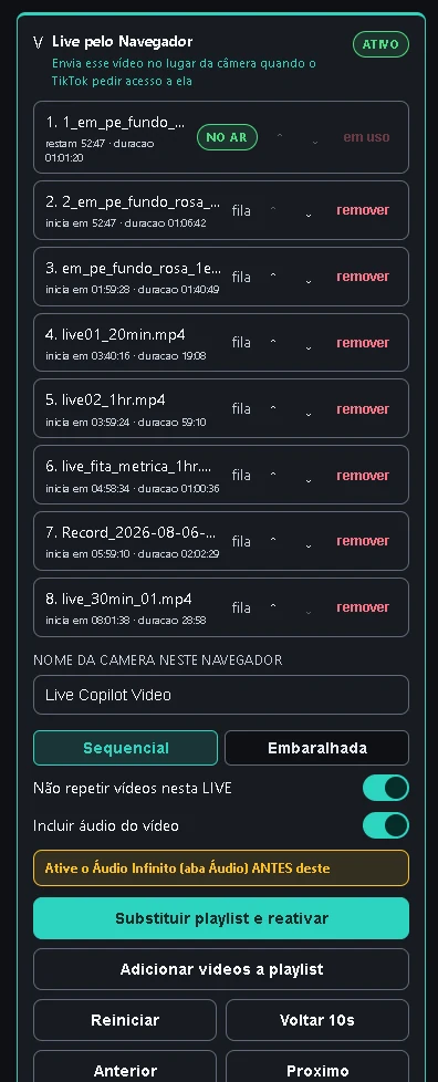Playlist de vídeos locais configurada no Live Copilot