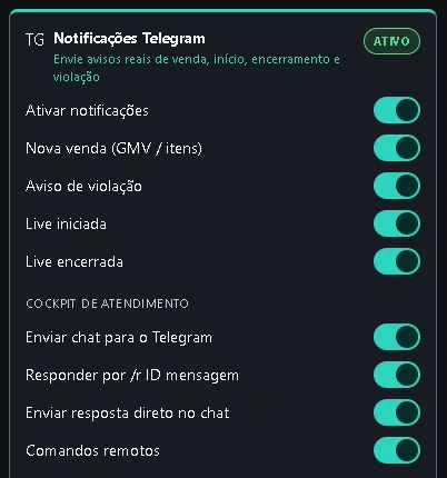 Seleção de alertas e comandos remotos pelo Telegram